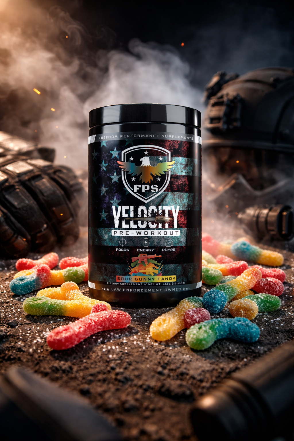 A container of FPS Velocity pre-workout supplement labeled Sour Gunny Candy is placed on a surface with scattered sour gummy candies around it. The background includes military-style helmets and smoke, creating an intense, dramatic scene.