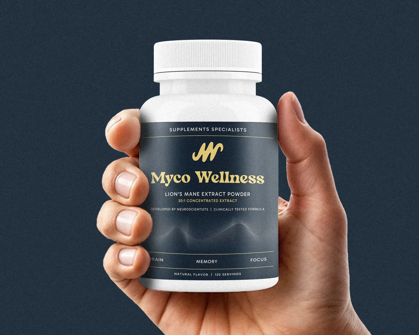 A person holding a bottle of Myco Wellness supplement with a dark background