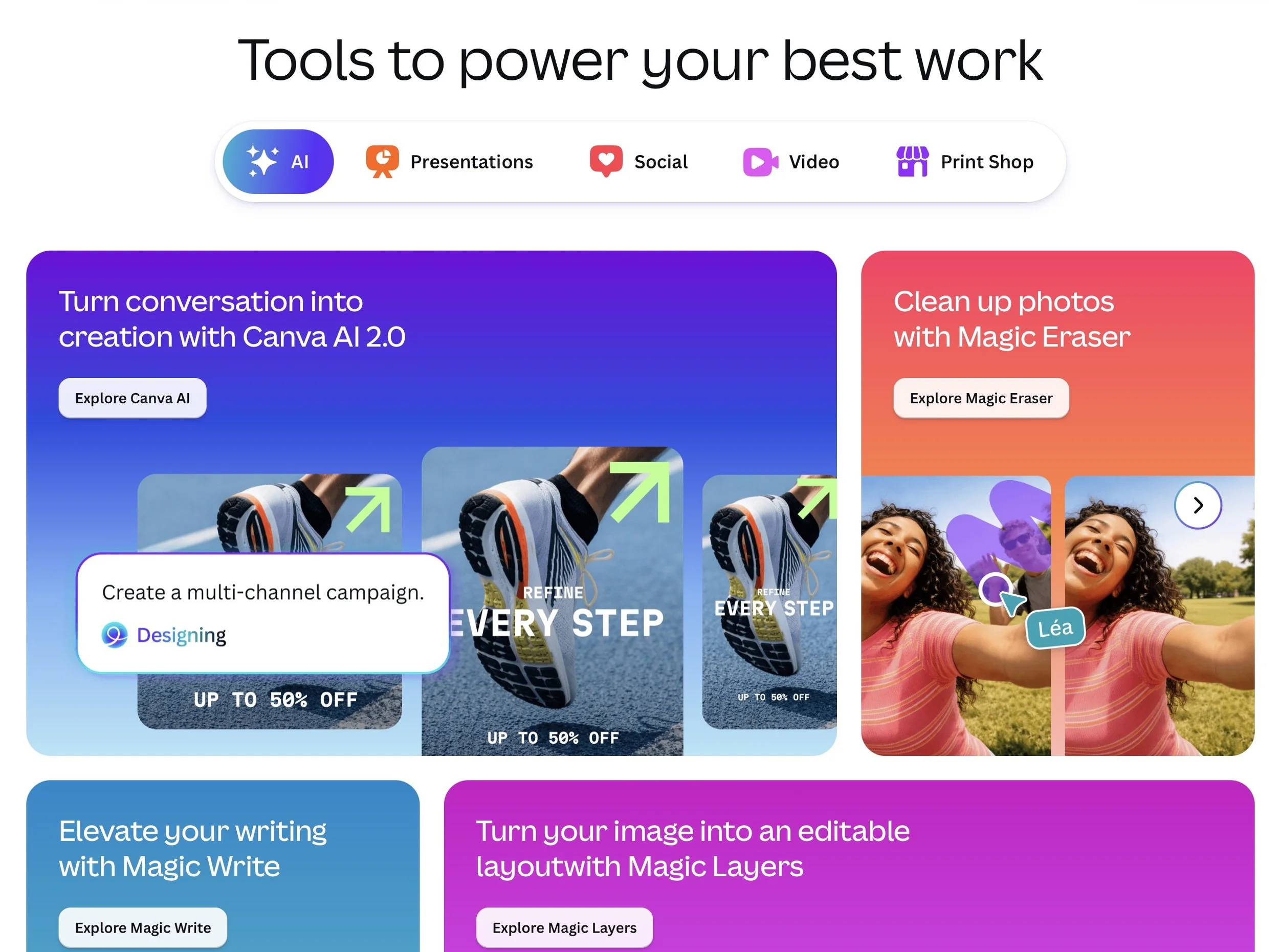 Homepage layout of Canva's UI showing best overall design tool.