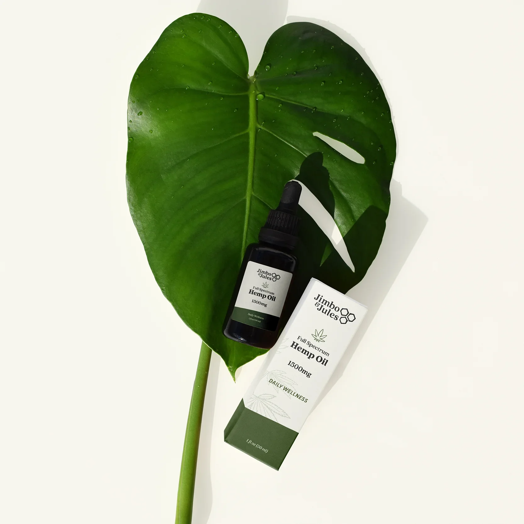 A green Monstera leaf with droplets of water, a bottle of Jimbo & Jules full spectrum hemp oil, and its packaging box on a white background.