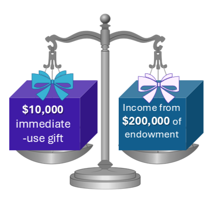 A scale that is in balance, with a gift box labelled "$10K immediate-use gift" on one side and a gift box labelled "income from $200K of endowment" on the other.