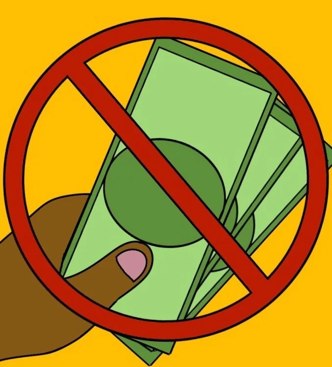 A hand holding money behind a red circle with a line through it, signifying NOT giving.