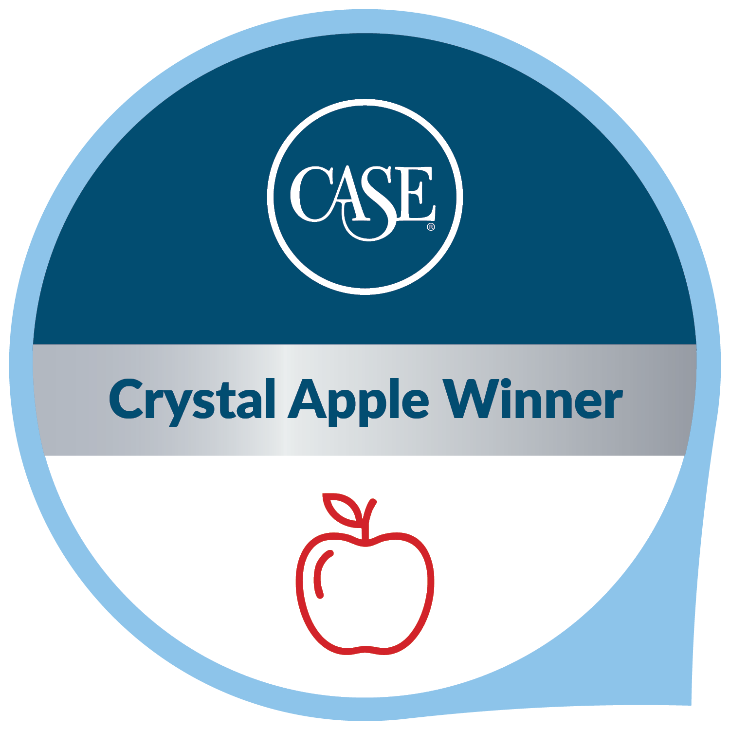 A circle with the CASE logo and the words "Crystal Apple Winner" above a line drawing of an apple.