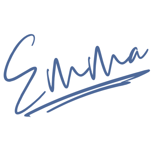 A stylized, blue cursive signature reading 'Emma' against a black background.