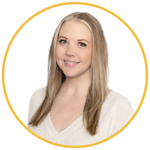 A woman with straight blonde hair smiling at the camera, wearing a light-colored sweater, against a white background with a gold circular border.