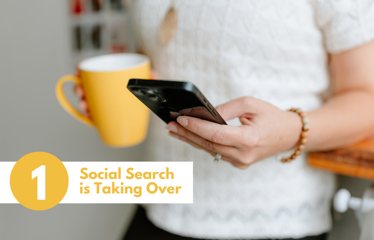 Social Search is Taking Over. Woman scrolling on phone with mug in hand.