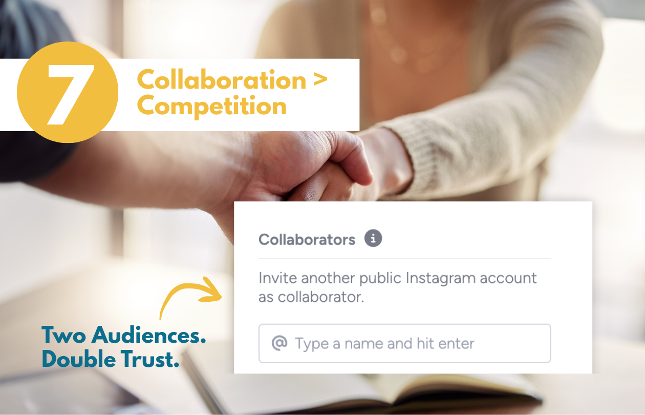 Two people shake hands, while a screen overlay to invite collaborators is overtop. A badge that says "Collaboration over competition" is along the bottom.