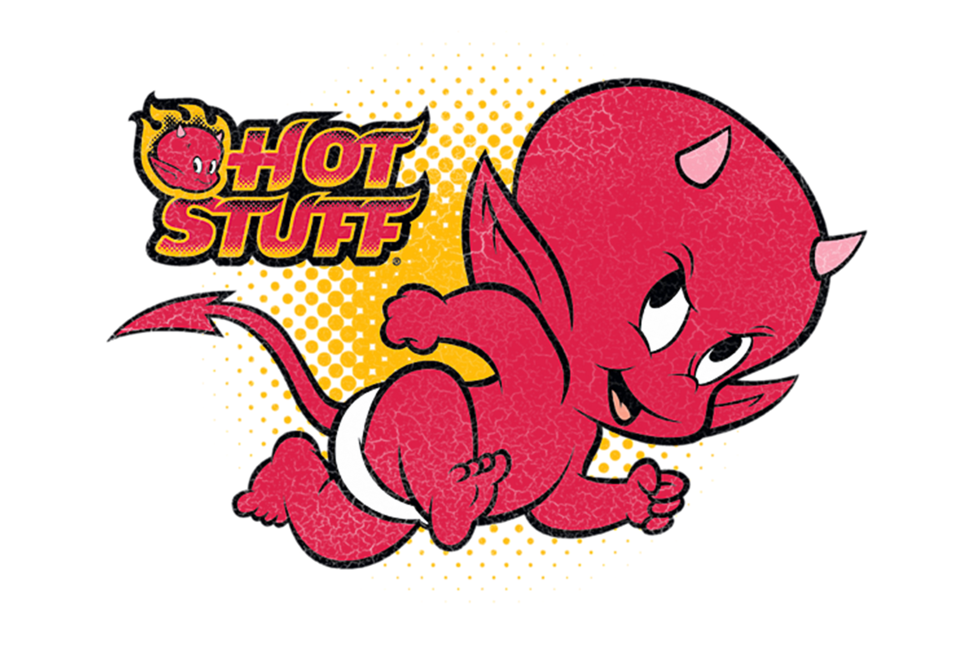 Cartoon of a cute, smiling red devil character with a mischievous expression, white diaper, and two small horns, positioned next to the logo 'Hot Stuff.'