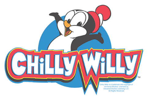 Chilly Willy cartoon penguin mascot with a red winter cap and the text 'Chilly Willy' in colorful letters.