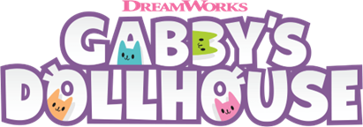 Logo for Gabby's Dollhouse with colorful, playful text and small character faces inside some letters.
