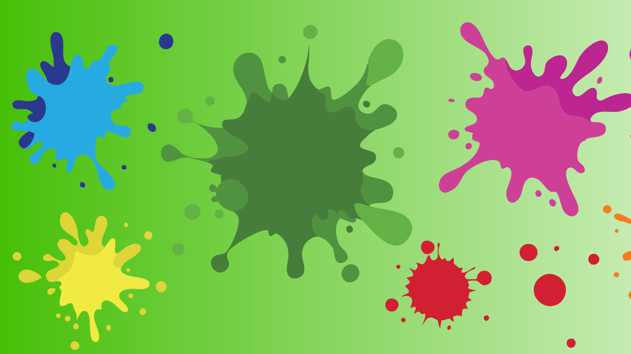Colorful paint splashes in blue, yellow, green, purple, red, and orange on a green gradient background.