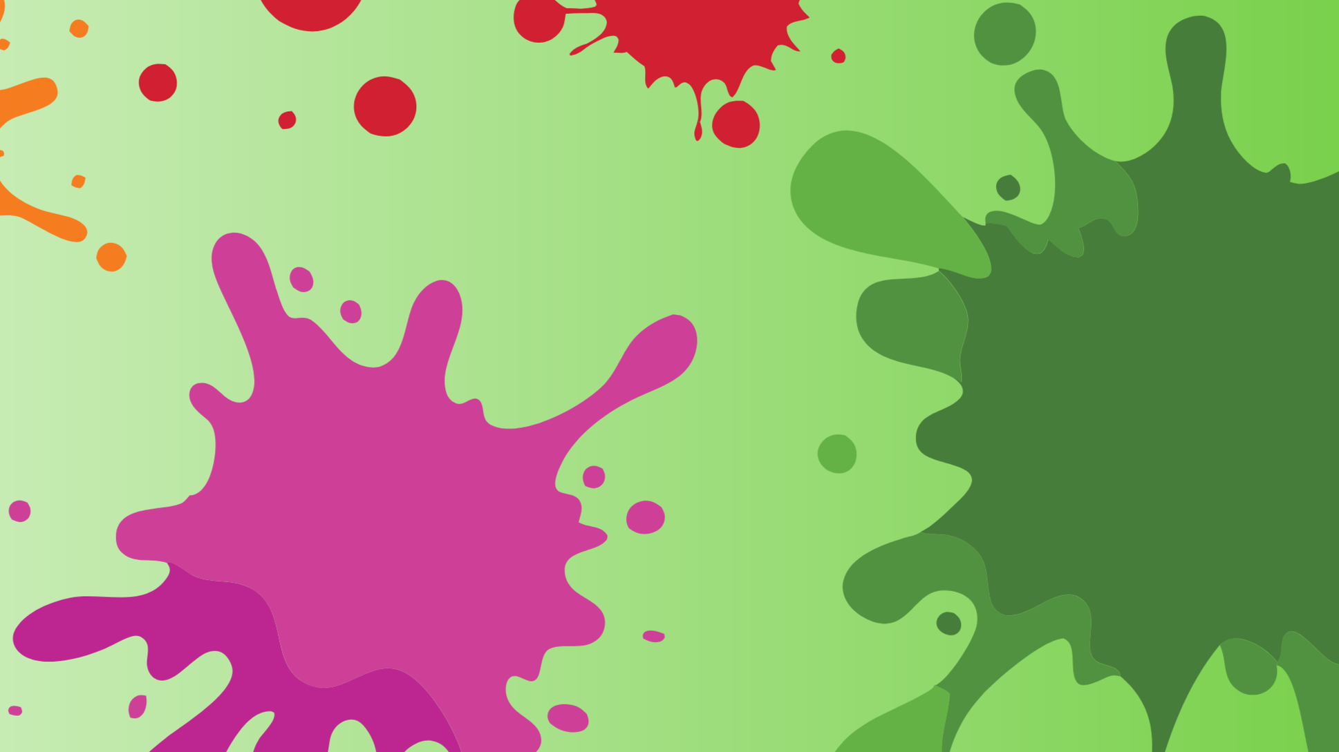 Colorful paint splashes in red, orange, purple, and green on a light green background.