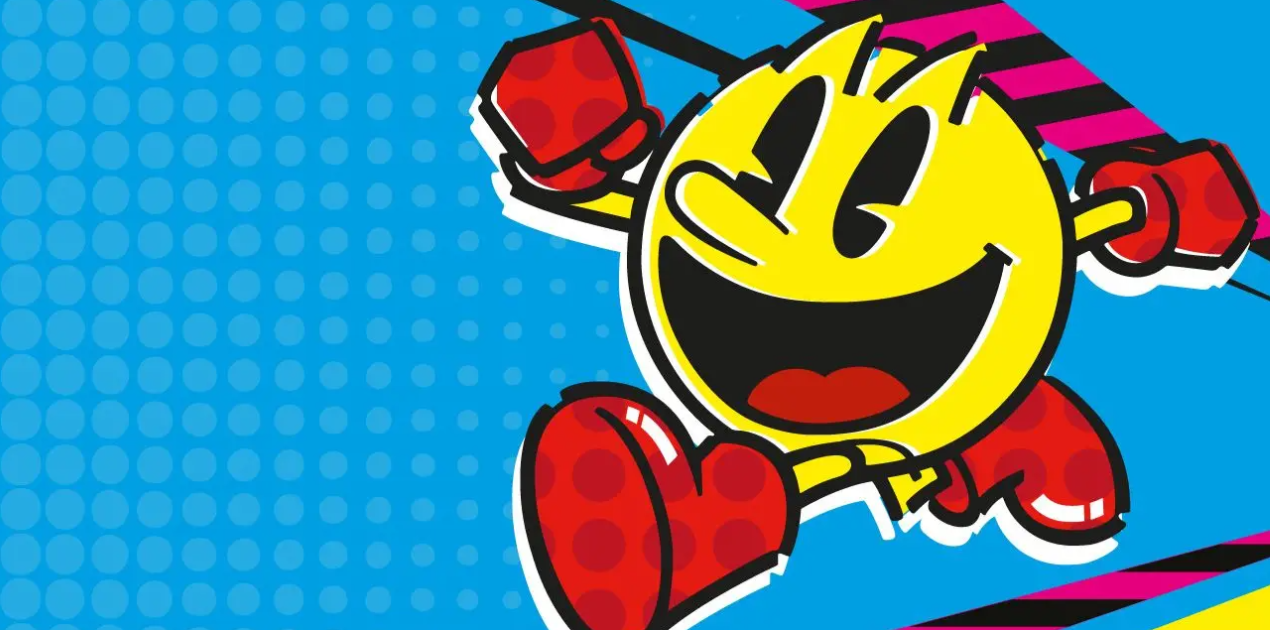 A cartoon character resembling Pac-Man with a yellow circular face, black eyes, and red lips, dressed like a superhero with red gloves and shoes, flying through a colorful comic-style background.