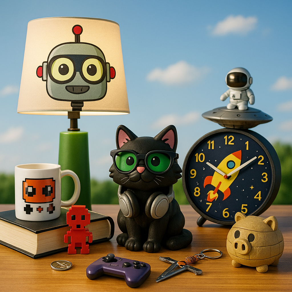 Colorful illustration featuring a skull, green alien head, rocket, pixelated heart on a pillow and tablet, purple castle book, and smartphone with a cat face.