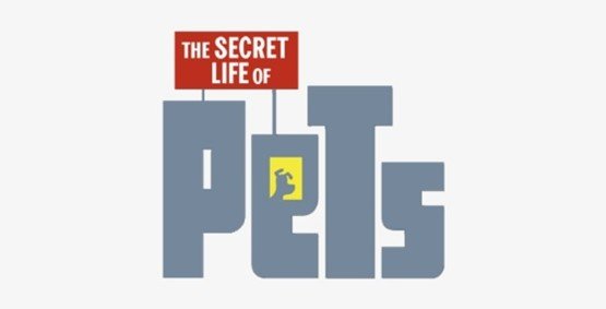 Illustration of the title "The Secret Life of Pets" with stylized text and logo, featuring a small yellow dog silhouette inside the letter 'E' in 'Pets'.