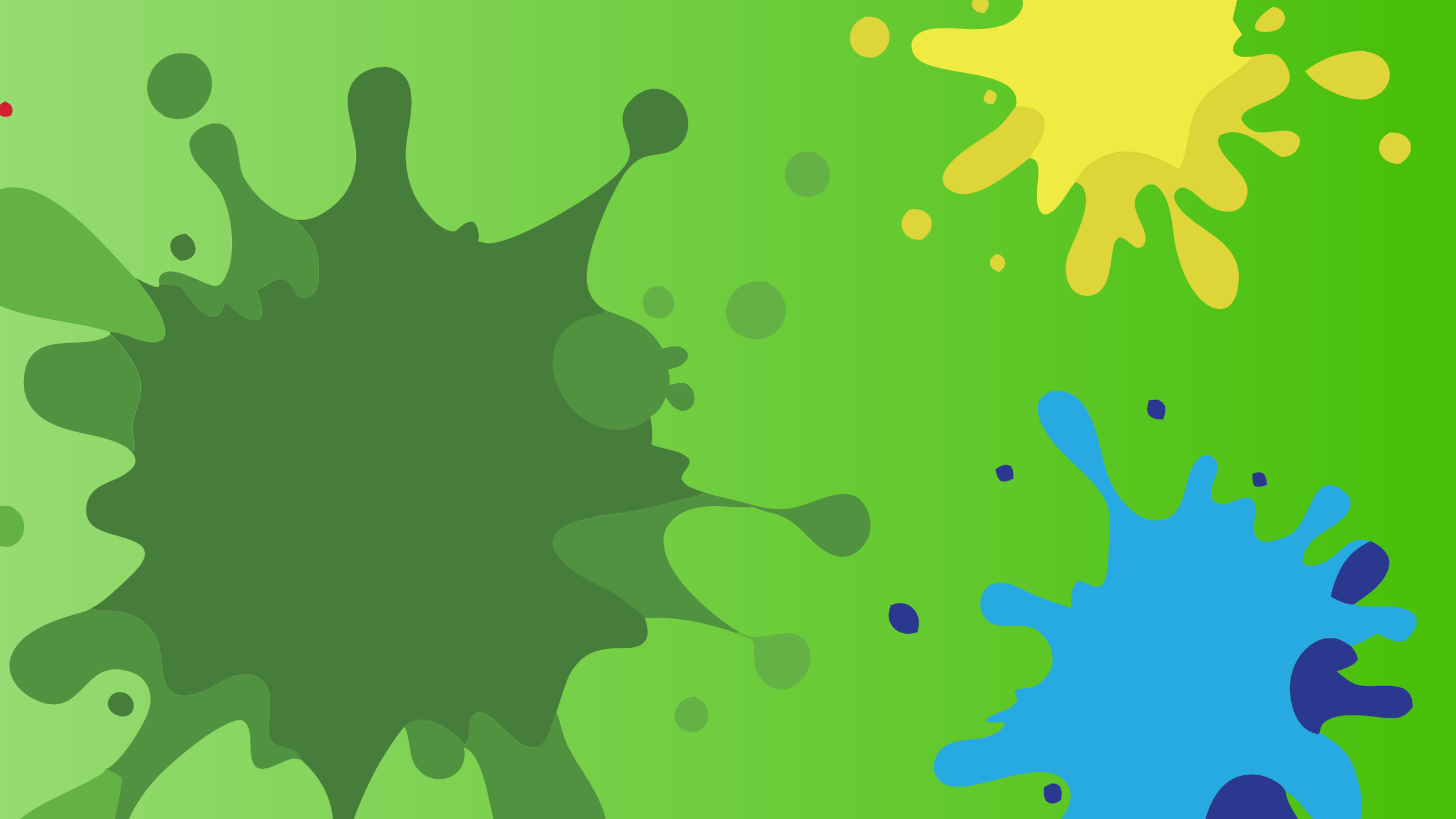 Colorful splashes of green, yellow, and blue paint on a green background.