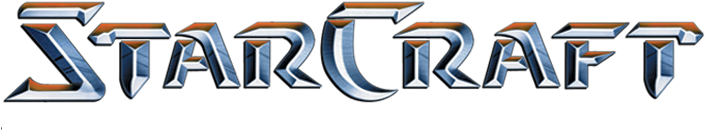 StarCraft logo in metallic font with blue and black background.
