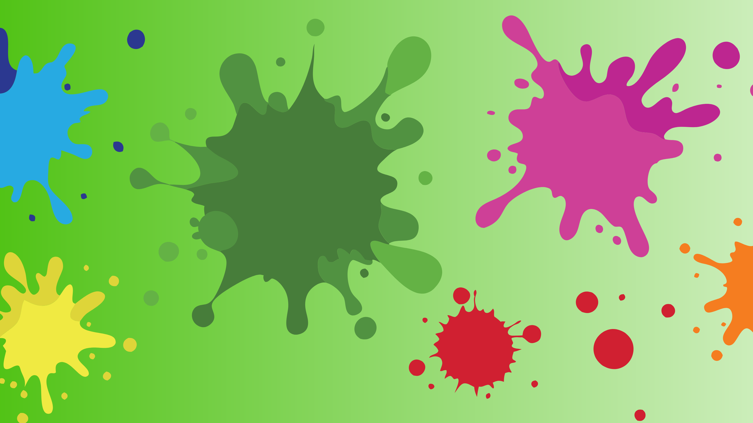 Colorful paint splatters on a green background.