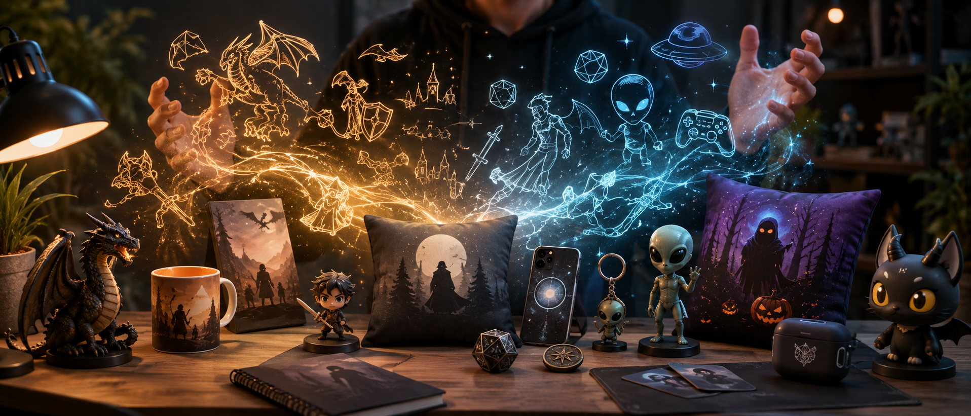 Table decorated with fantasy and gaming figures, artwork, pillows, and toys featuring dragons, aliens, mystical characters, and gaming controllers, with a holographic display of fantasy drawings in the background.