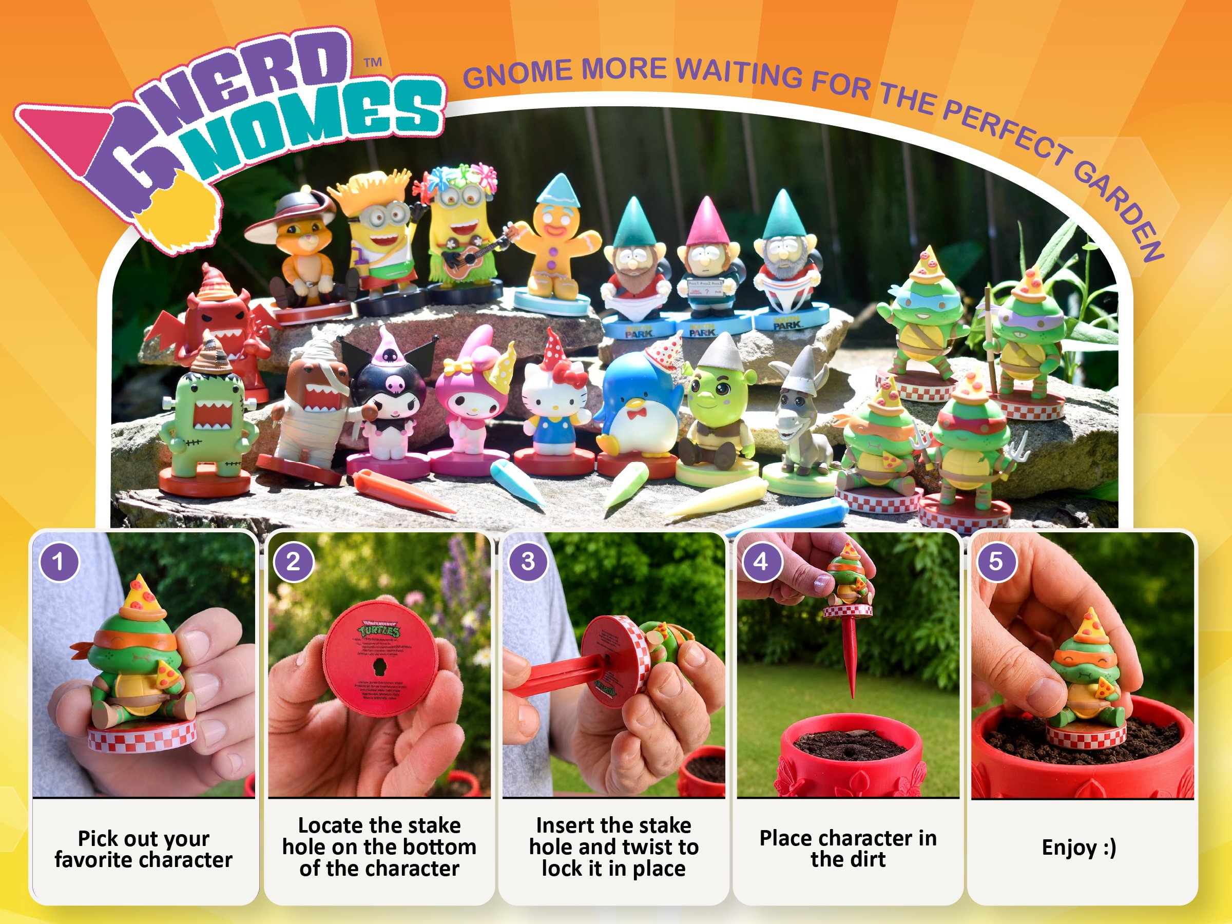 Colorful toys and figurines resemble characters from the Teenage Mutant Ninja Turtles animated series, arranged on a large rock outdoors with greenery in the background.