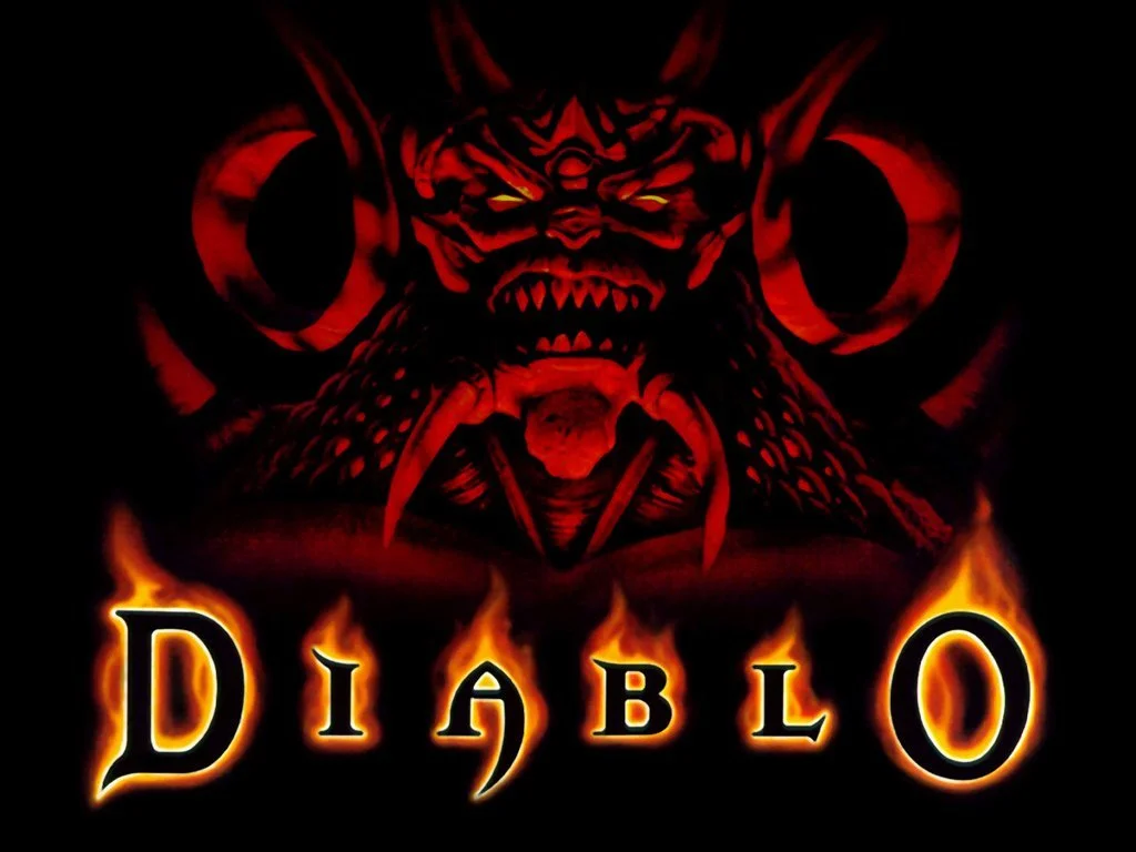 A fiery graphic of a demonic creature's face with horns and glowing yellow eyes, with the word 'Diablo' written below in flaming letters.