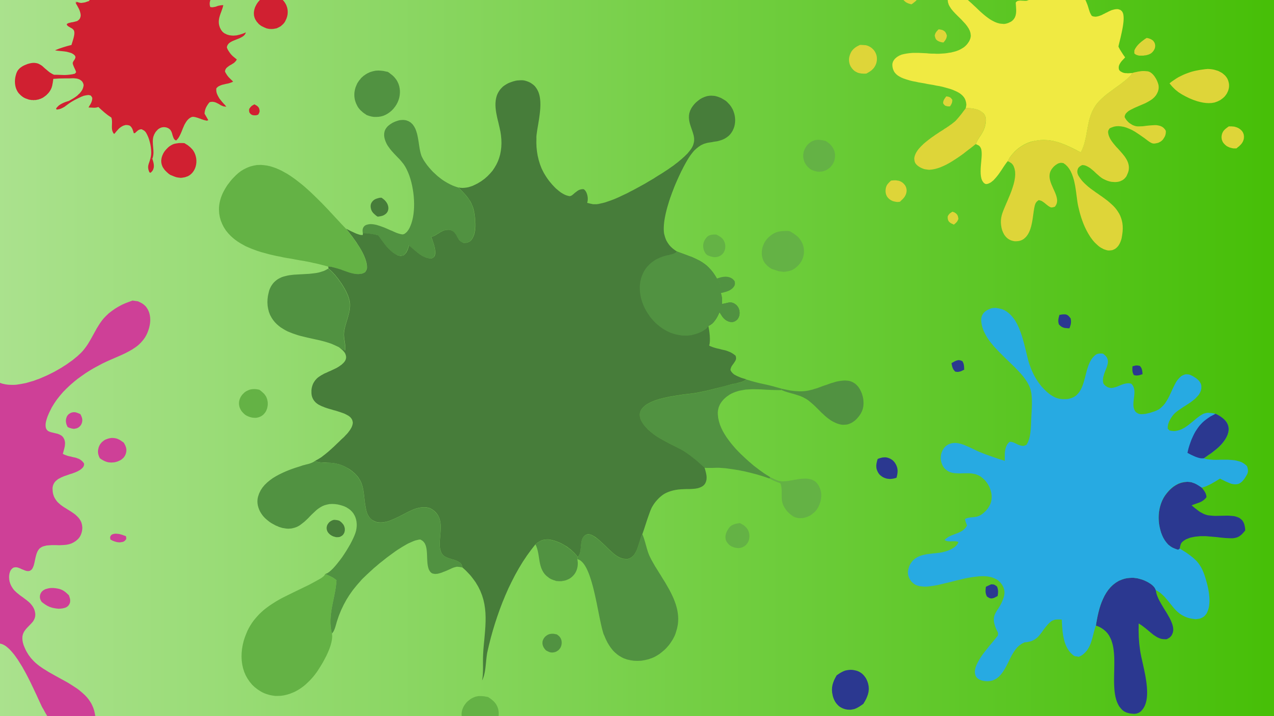 Colorful paint splatters on a green background, including red, yellow, blue, pink, and dark green splashes.