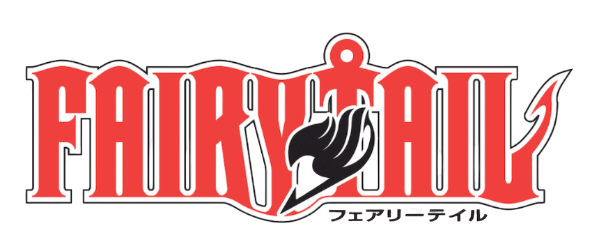 Logo of Fairy Tail anime with the title in stylized red and black text and a black fairy tail emblem.