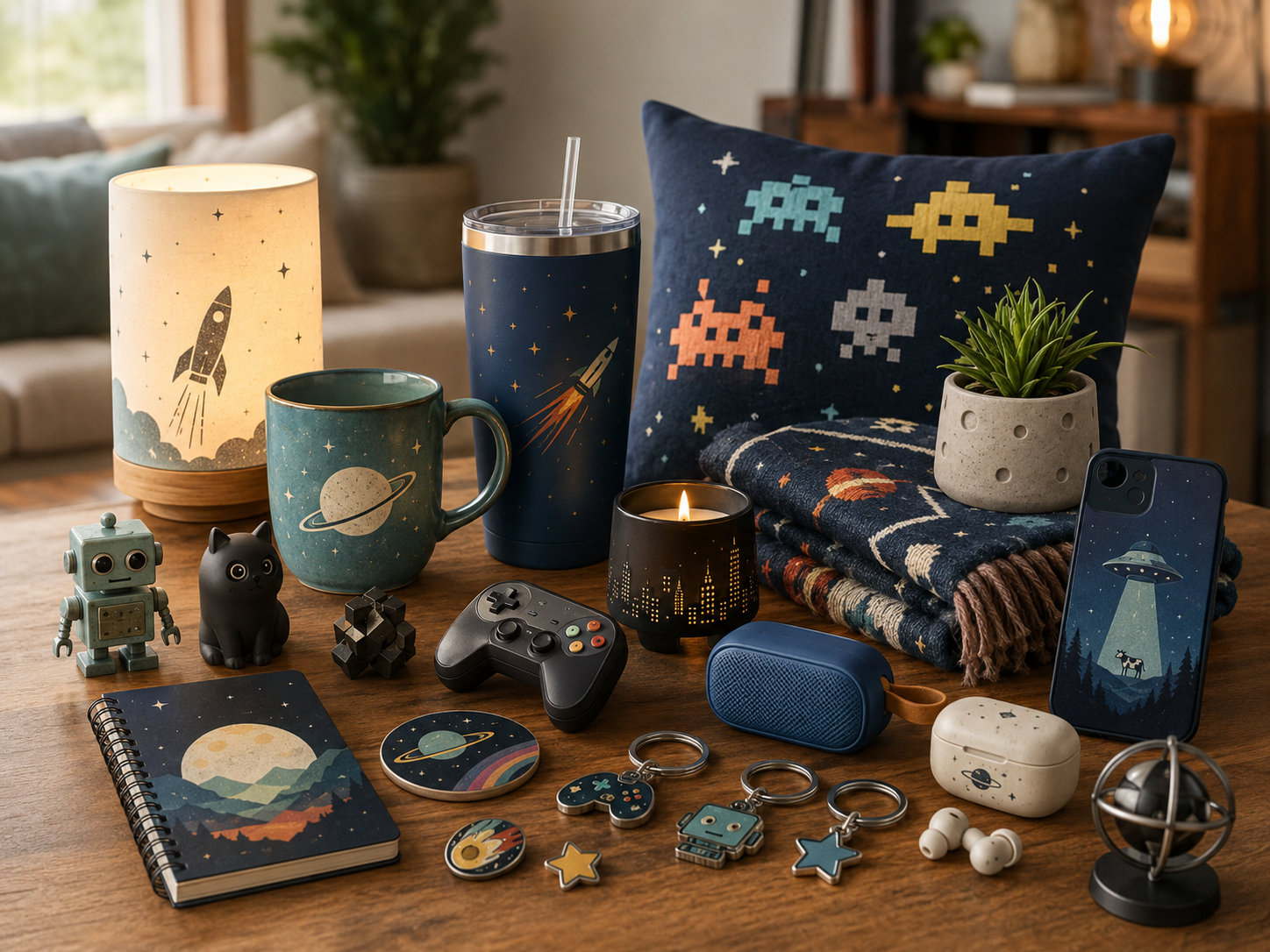 Colorful illustration featuring a skull, green alien head, rocket, pixelated heart on a pillow and tablet, purple castle book, and smartphone with a cat face.