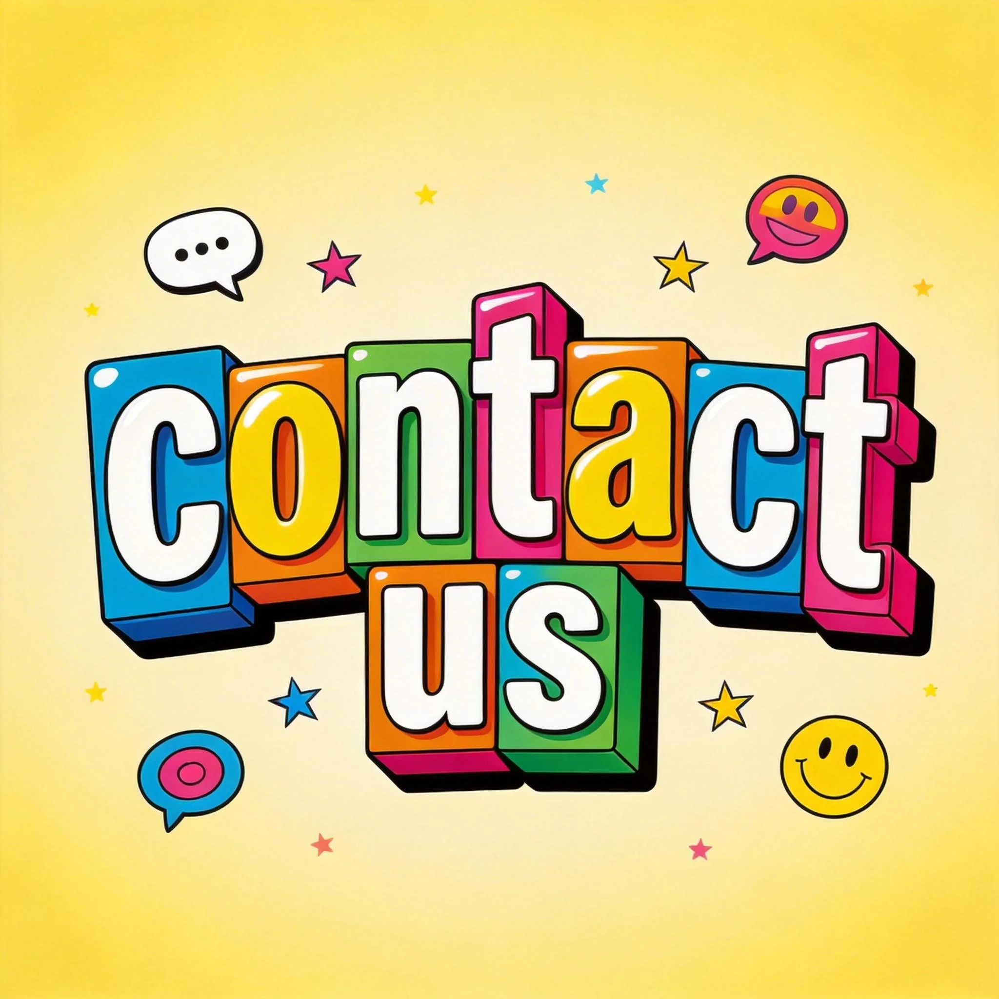 Colorful blocks spell out the words 'contact us' on a yellow background, surrounded by various smiley face and star illustrations.