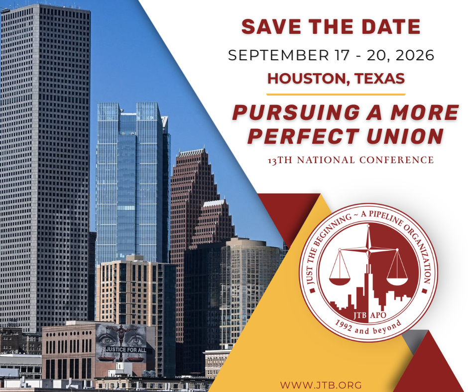 An image of the Houston city skyline with the Just the Beginning - A Pipeline Organization logo and text advertising JTB's 13th National Conference on September 17 - 20, 2026 in Houston, Texas