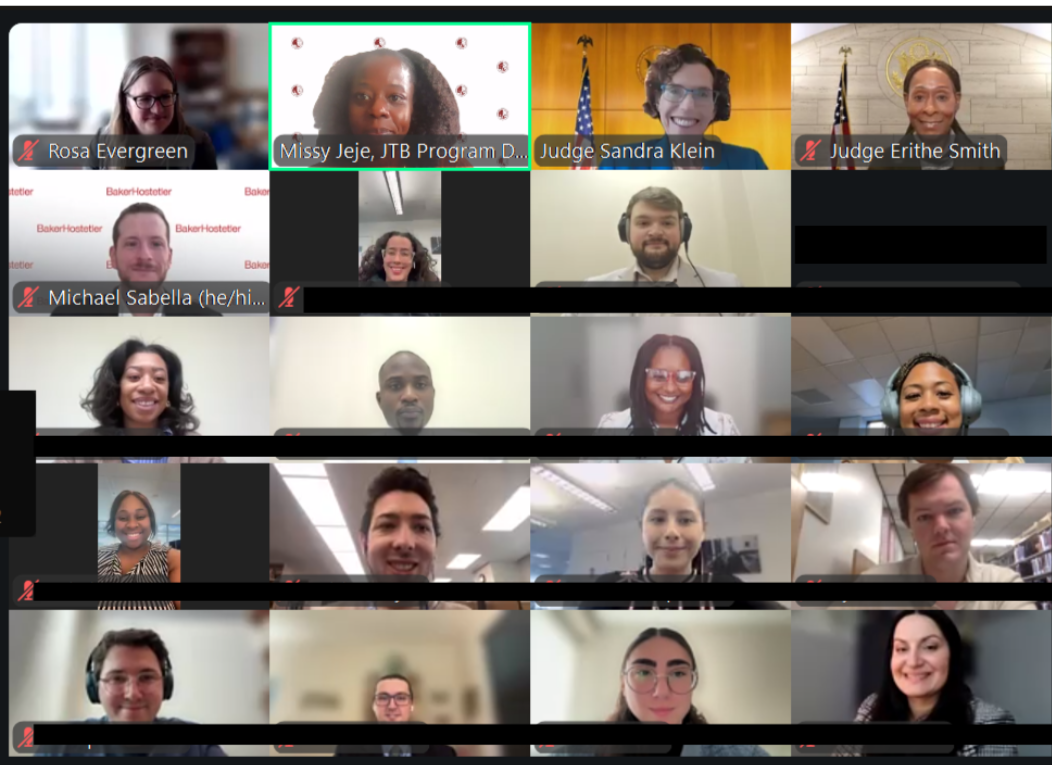 A Zoom Meeting with participants smiling at JTB virtual legal program