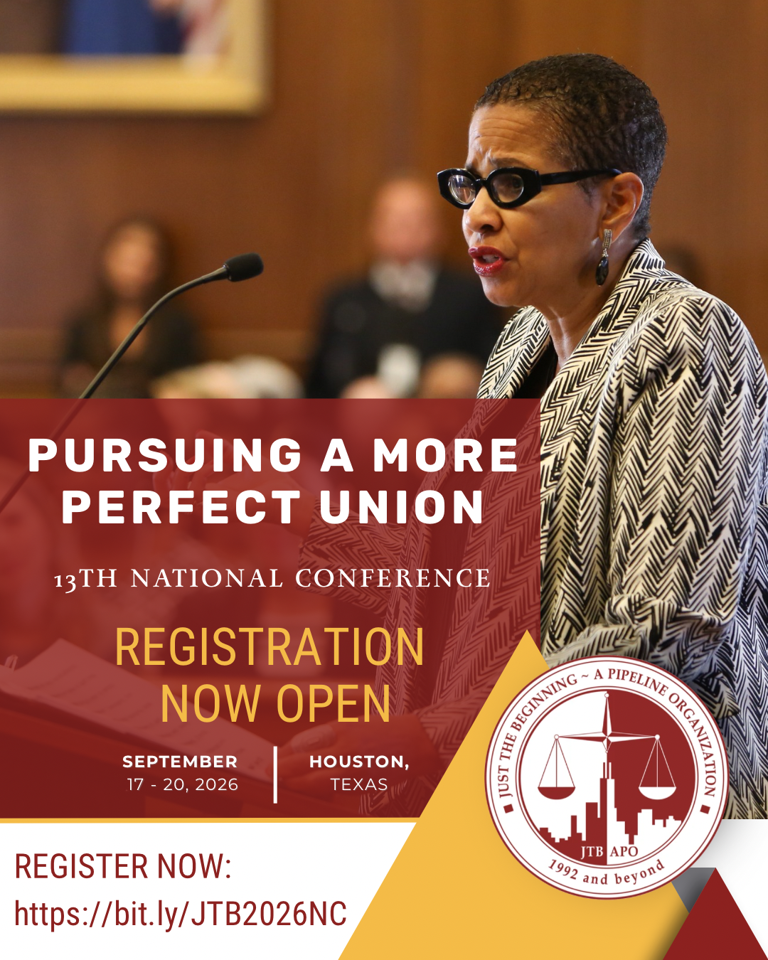 Flyer with a female speaker advertising Just the Beginning - A Pipeline Organization's 13 National Conference Registration Open on September 17-20, 2026 in Houston, TX