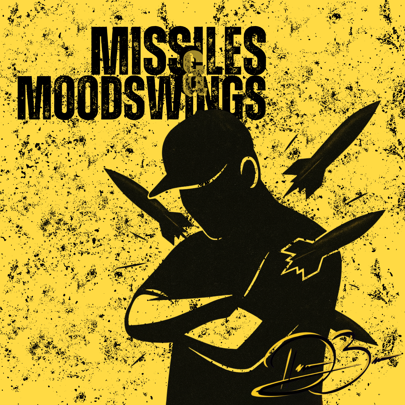 Silhouette of a person wearing a cap with arms crossed, surrounded by four missiles on a yellow background with black text that reads 'Missiles and Mood Swings' in a distressed style.