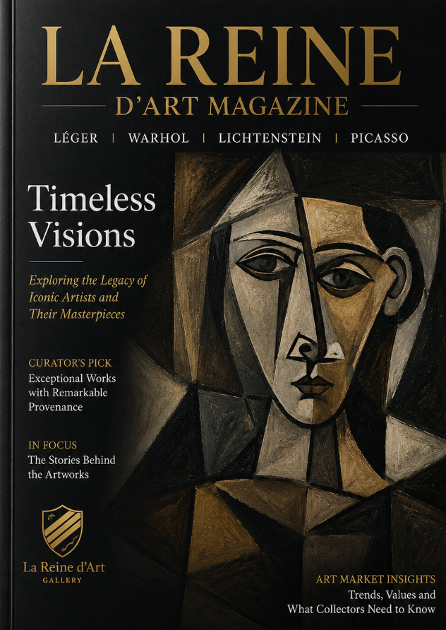 Cover of La Reine d'Art magazine featuring a Cubist-style portrait of a woman with a serious expression, abstract geometric facial features, and a dark background.