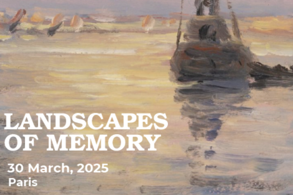 Sunset over a river with a boat and sailboats in the background, displaying an impressionistic painting style.