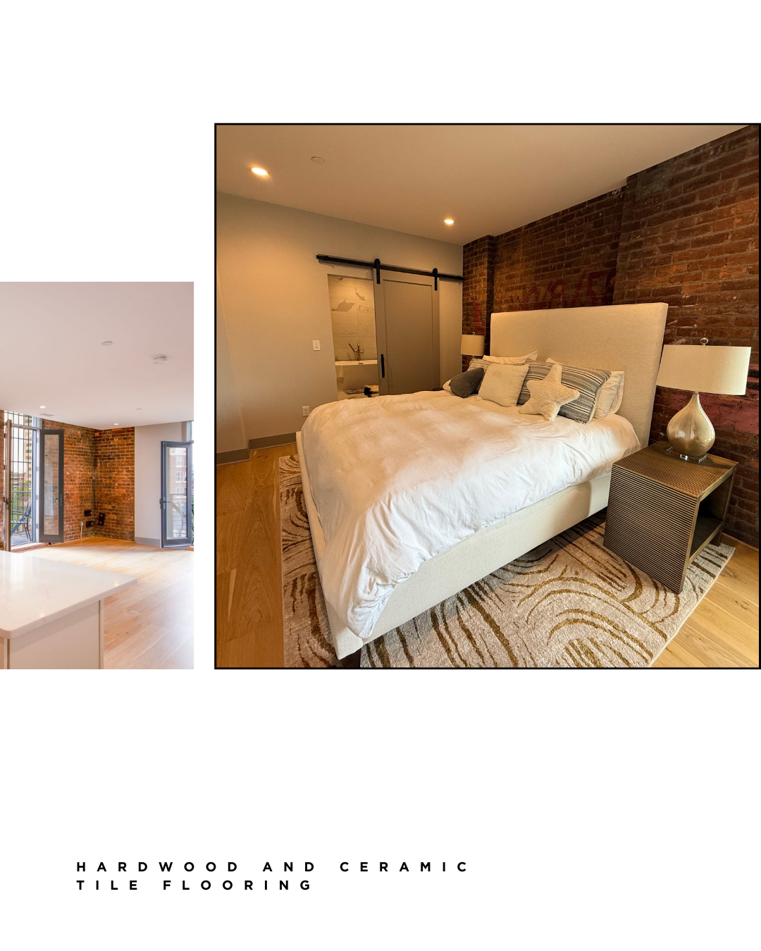 Bedroom with exposed brick wall, beige upholstered bed with multiple pillows, side tables with lamps, and a multicolored area rug.