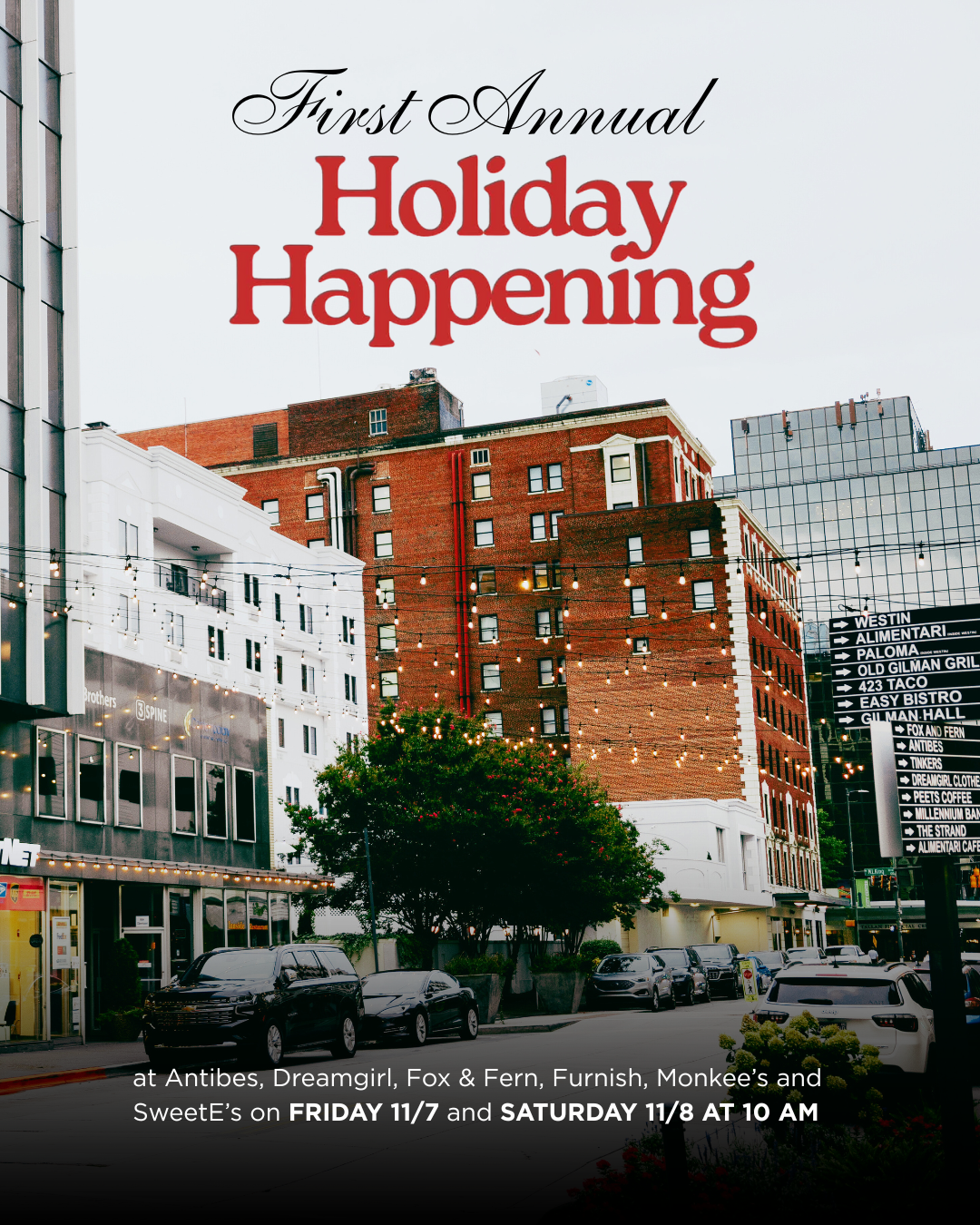 Flyer for the first annual holiday happening event, featuring a city street scene with string lights and a signpost, and event details with date and location.