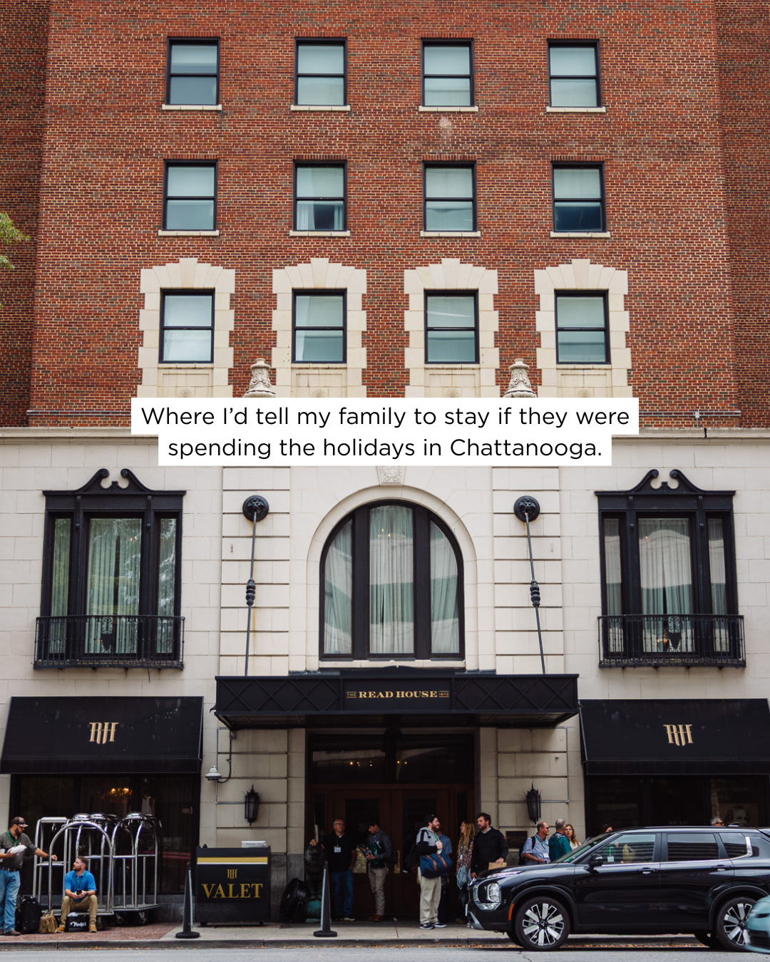 A red brick hotel with black awnings and a sign that reads 'The Read House.' There are people standing on the sidewalk, some with luggage, and a valet stand in front of the hotel.