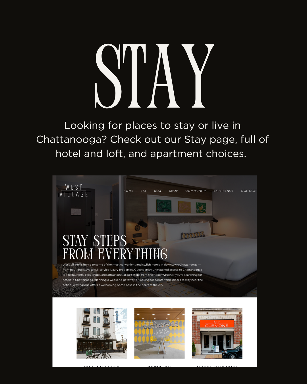 Promotional webpage for staying or living in Chattanooga, featuring hotel and apartment options, with a header 'STAY' and a background image of a hotel room.