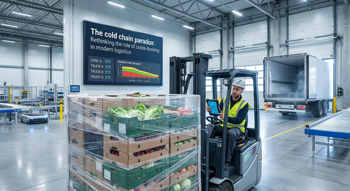 Forklift in warehouse with produce.