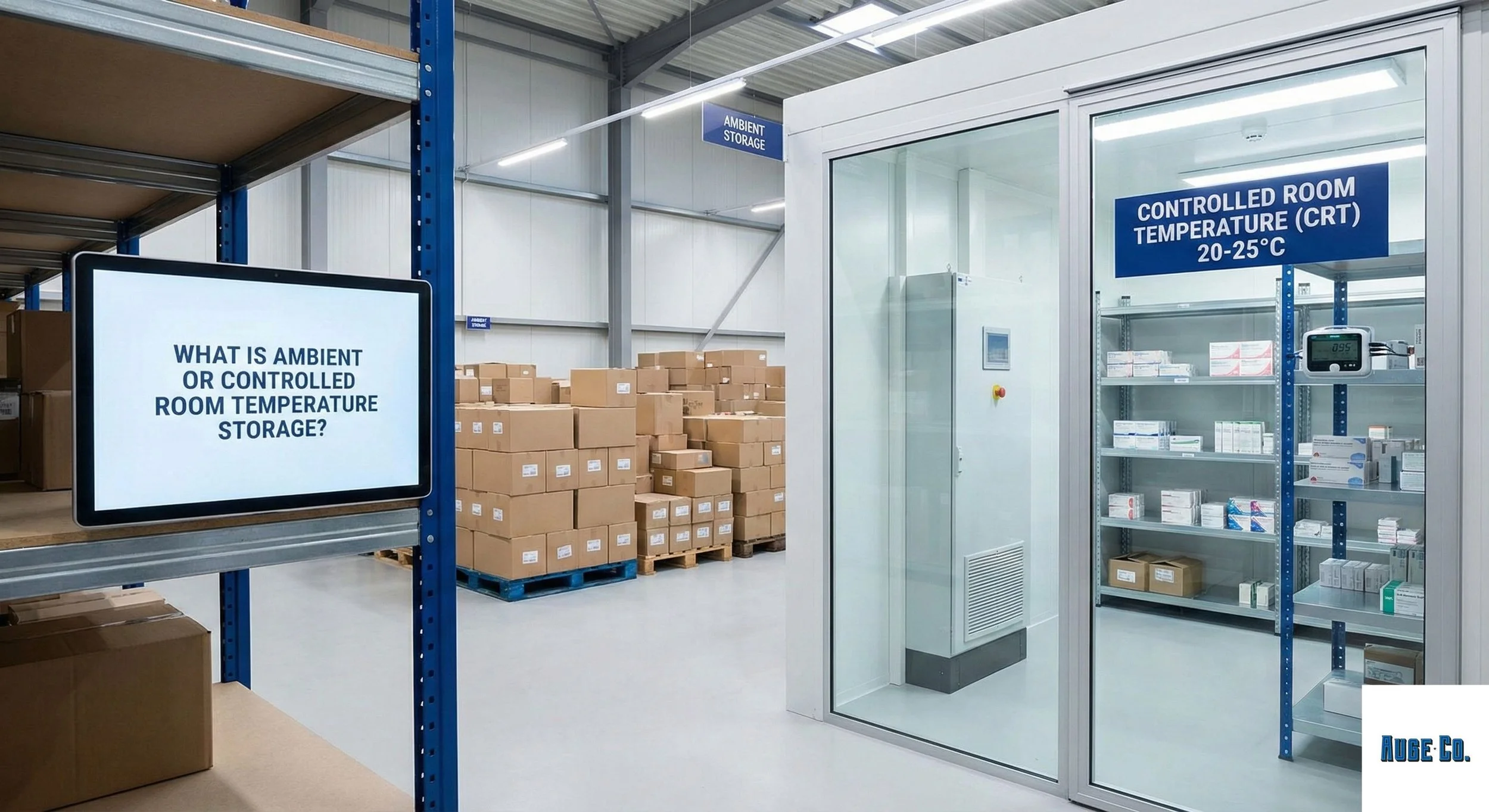 A warehouse showing a digital sign asking "What is ambient or controlled room temperature storage?" beside a comparison of open pallet storage and a glass-enclosed Controlled Room Temperature (CRT) facility set to 20-25°C.