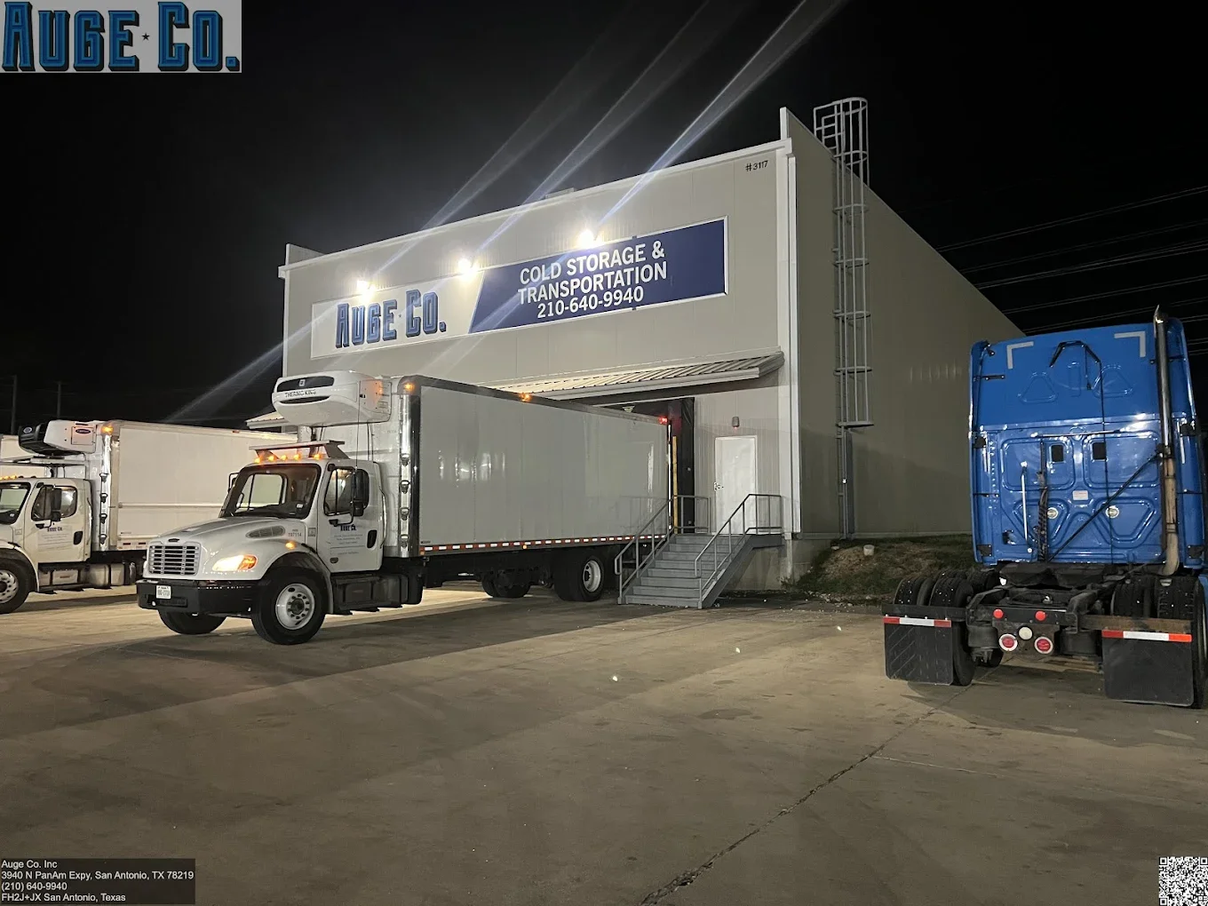 exterior view of Auge Cold Storage's facility and temperature-controlled trucks in East Side, San Antonio