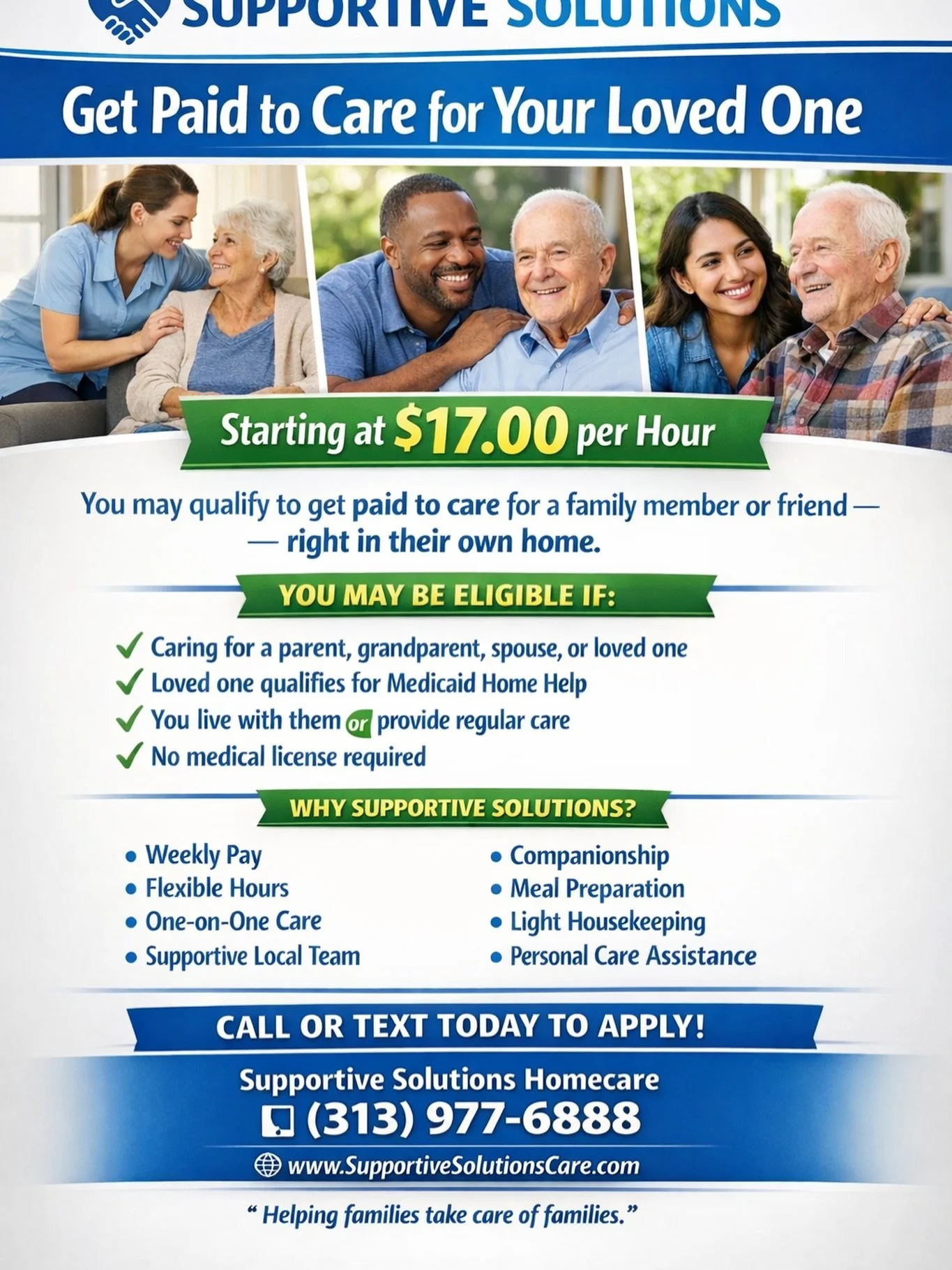 💙 Get Paid to Care for Your Loved One 💙

Are you already caring for a parent, grandparent, spouse, or family member?
You may qualify to get paid $17/hour right in their own home.

✔ Weekly Pay
✔ Flexible Hours
✔ No medical license required
✔ One-on