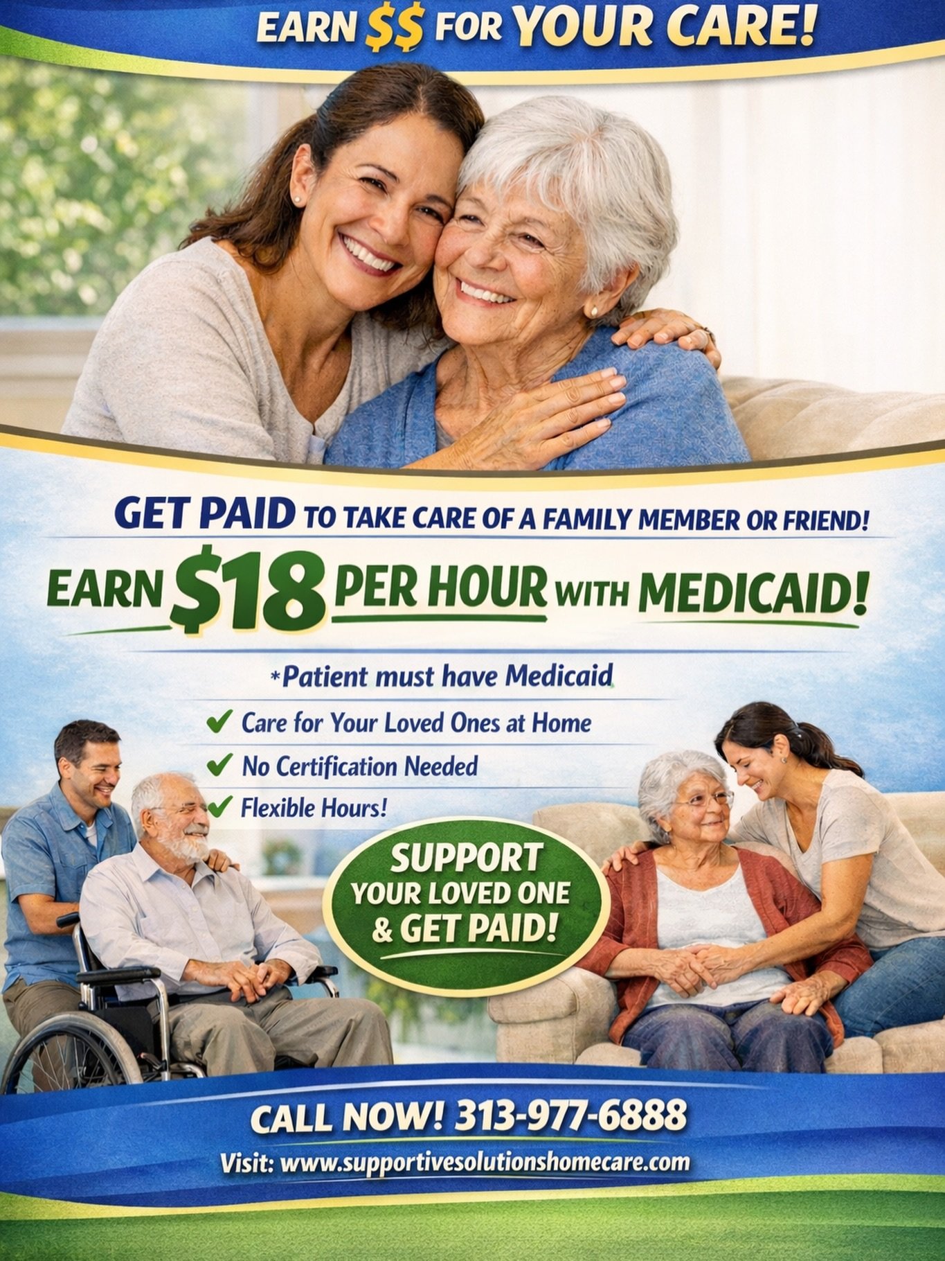 💙 Get Paid to Care for Someone You Love! 💙

Did you know you can earn $18 per hour caring for a family member or friend at home?

✅ No certification needed
✅ Flexible hours
✅ Meaningful work helping someone you care about
⚠️ Patient must have Medic