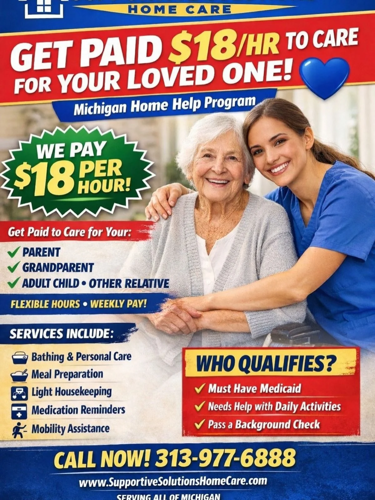 ❤️ GET PAID TO CARE FOR YOUR LOVED ONE! ❤️

Did you know Michigan&rsquo;s Home Help Program allows you to get paid to care for a family member?

💰 Earn up to $18 per hour
🕒 Flexible hours
📅 Weekly pay

You can get paid to care for your:
✔️ Parent
