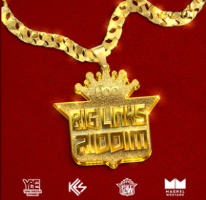 Gold chain with pendant on a red background, text "Big Links Riddim."
