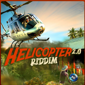 A police helicopter above a tropical landscape with "Helicopter 2.0 Riddim" text overlay.