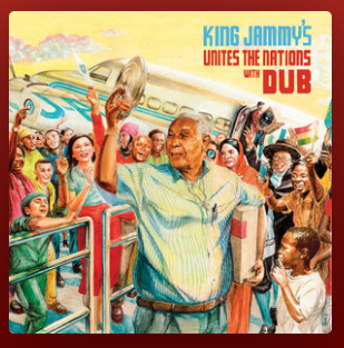 Illustrated album cover for "King Jammy's Unites the Nations with Dub" featuring a crowd welcoming a man holding a hat in front of an airplane.