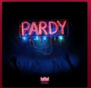 Neon sign reading 'PARDY' with crowd silhouettes below