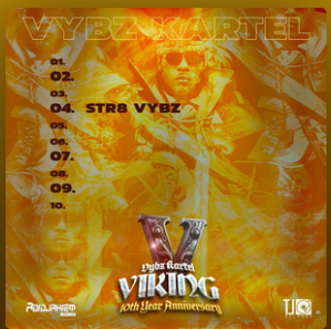 Album cover for Vybz Kartel's "Viking: 10th Year Anniversary," featuring an orange background, artist's image, and tracklist.